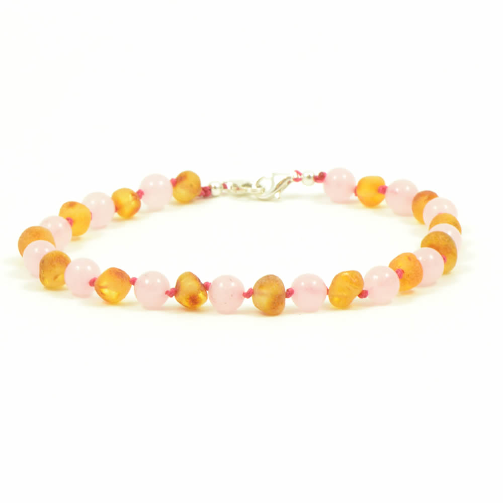 Adult Adjustable Unpolished Honey Amber And Rose Quartz  Bracelet